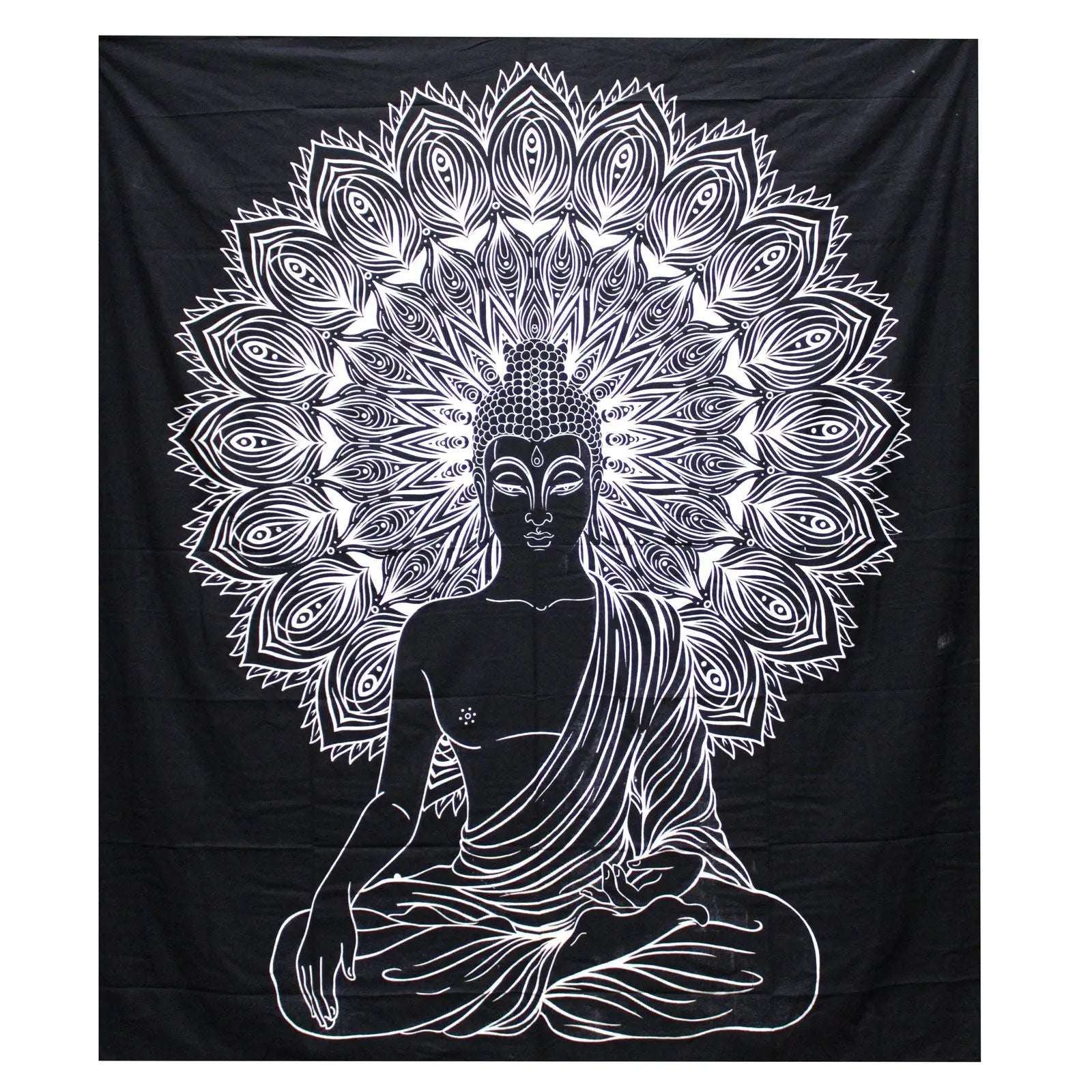 B&W Double Cotton Bedspread + Wall Hanging - Buddha featuring a black and white artistic Buddha figure in meditation pose with a detailed mandala halo background, perfect Buddha wall hanging decor.