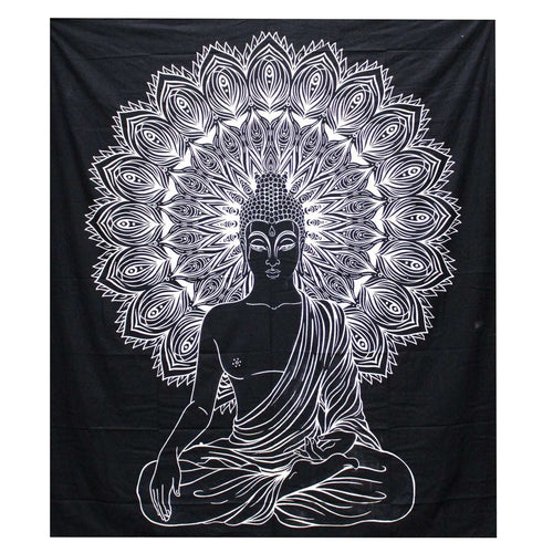 B&W Double Cotton Bedspread + Wall Hanging - Buddha featuring a black and white artistic Buddha figure in meditation pose with a detailed mandala halo background, perfect Buddha wall hanging decor.