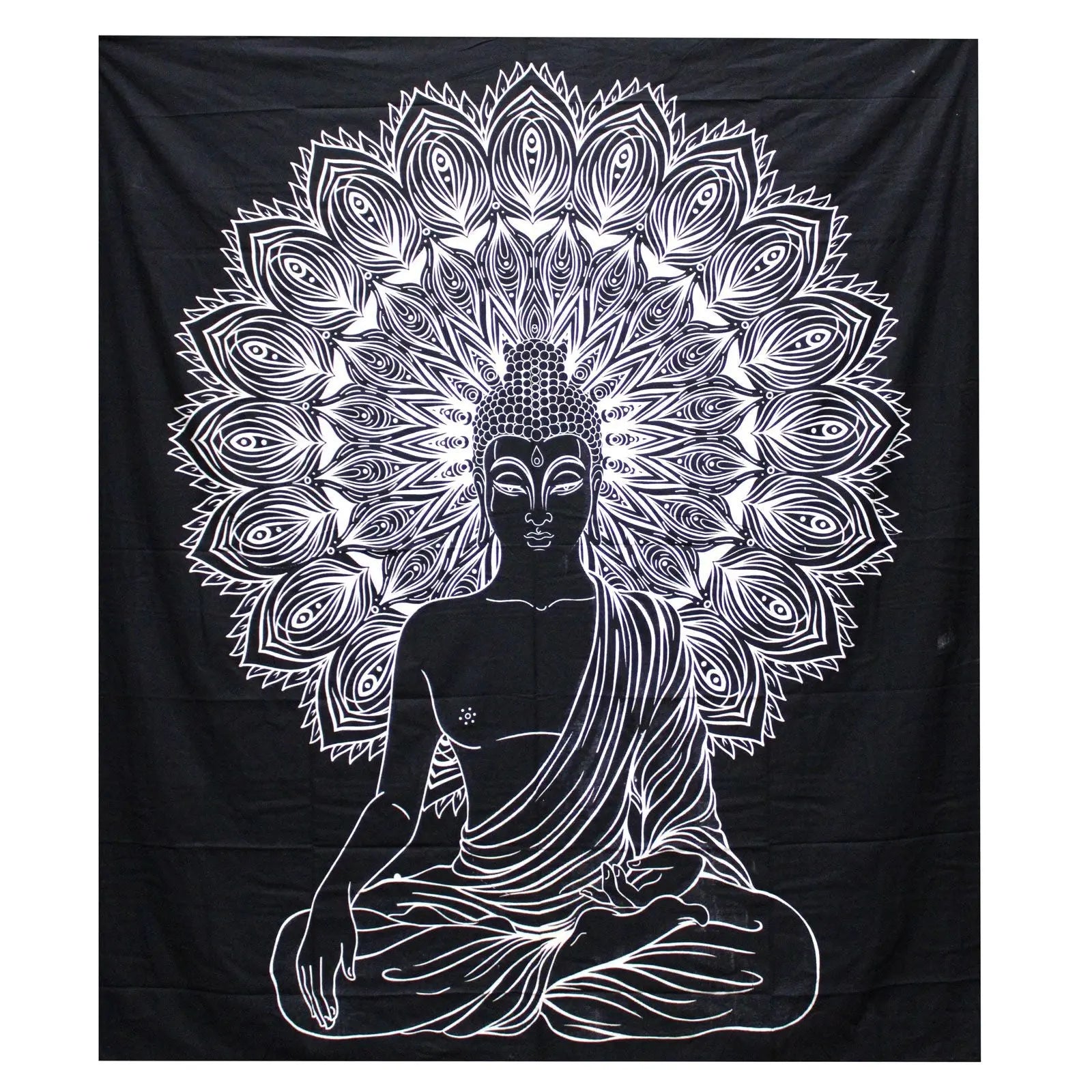 B&W Double Cotton Bedspread + Wall Hanging - Buddha with a detailed white mandala pattern radiating behind a serene meditating Buddha figure on black background, ideal for spiritual decor.