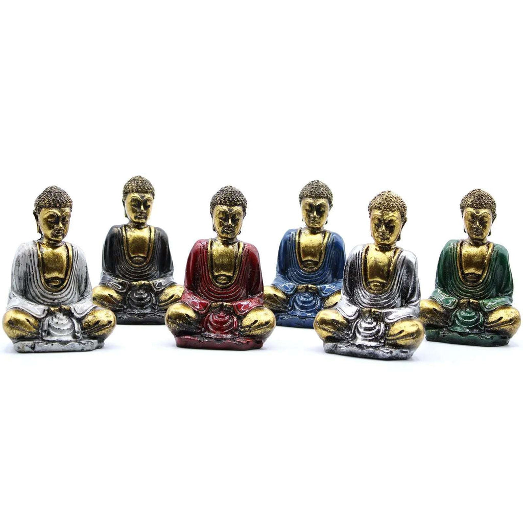 Six Gold Mini Buddha (Assorted Colours) statues in various painted robes sitting in meditation pose, displayed on a white background as resin Buddha decor pieces.