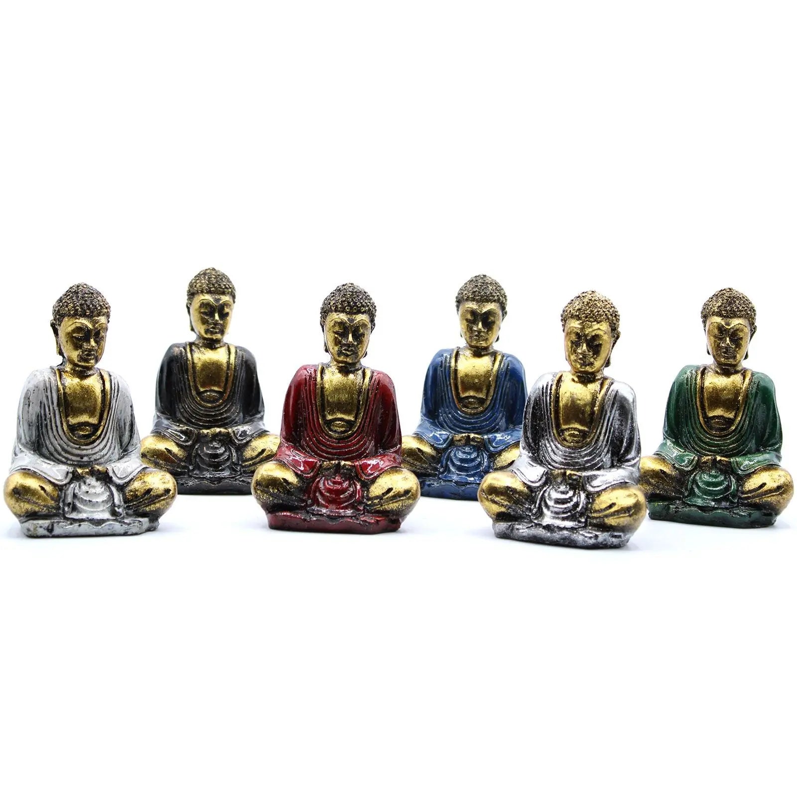 A set of six Gold Mini Buddha (Assorted Colours) statues sitting in meditation pose, featuring detailed gold and colored robes in white, black, red, blue, silver, and green, perfect for Buddha decor.