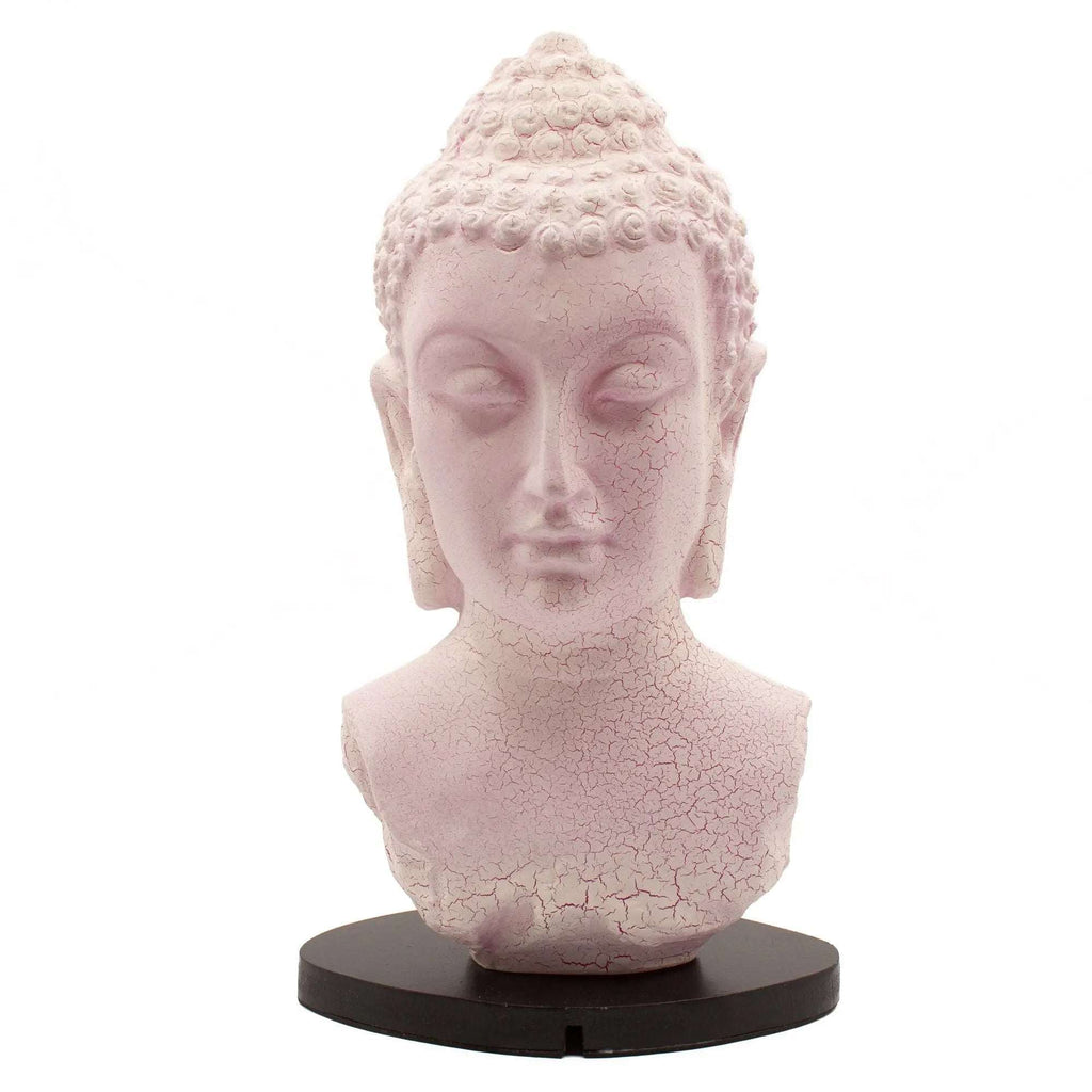 Buddha Bust Lamp Cherry Crackle - Oval stand featuring a serene pink crackle-textured Buddha head sculpture on a sleek black oval base, perfect for calming Buddha decor.