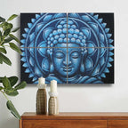 Set of 4 Blue Buddha Mandala Brocade Detail 30x40cm wall art featuring a serene blue Buddha face with intricate mandala patterns, perfect for calming Buddha decor.
