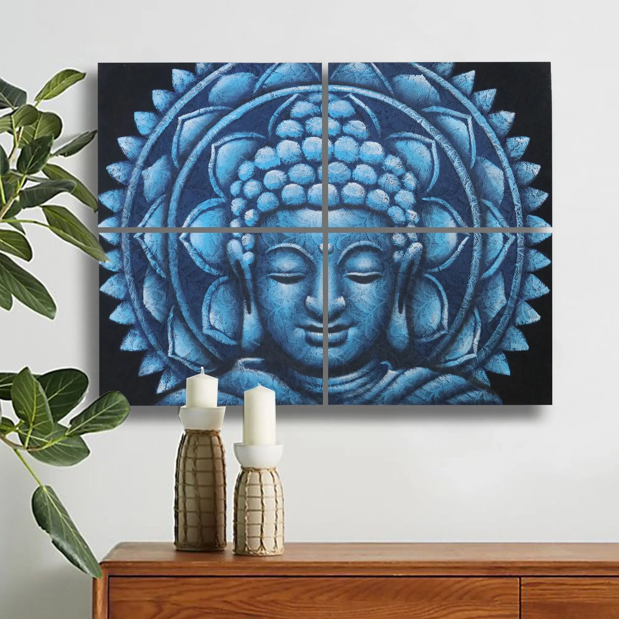 Set of 4 Blue Buddha Mandala Brocade Detail 30x40cm featuring a serene blue Buddha face with intricate mandala patterns, displayed as wall art above a wooden cabinet with candles.