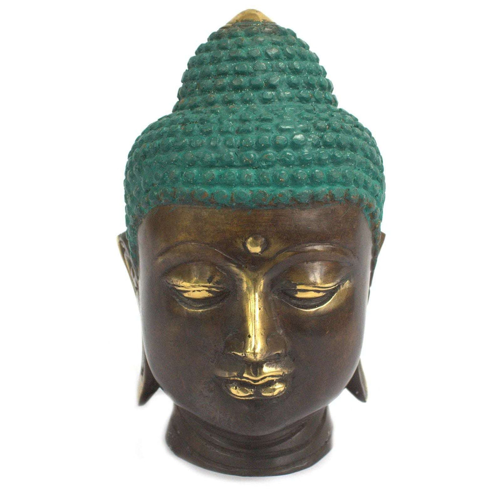 Large Classic Brass Buddha Head with a serene expression, featuring a textured turquoise patina on the hair and polished brass accents on the face, ideal as Buddha decor.