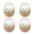 Set of four Small Glass Jar Candles - Wildlight Woods featuring delicate botanical designs in frosted glass jars with white wax inside.