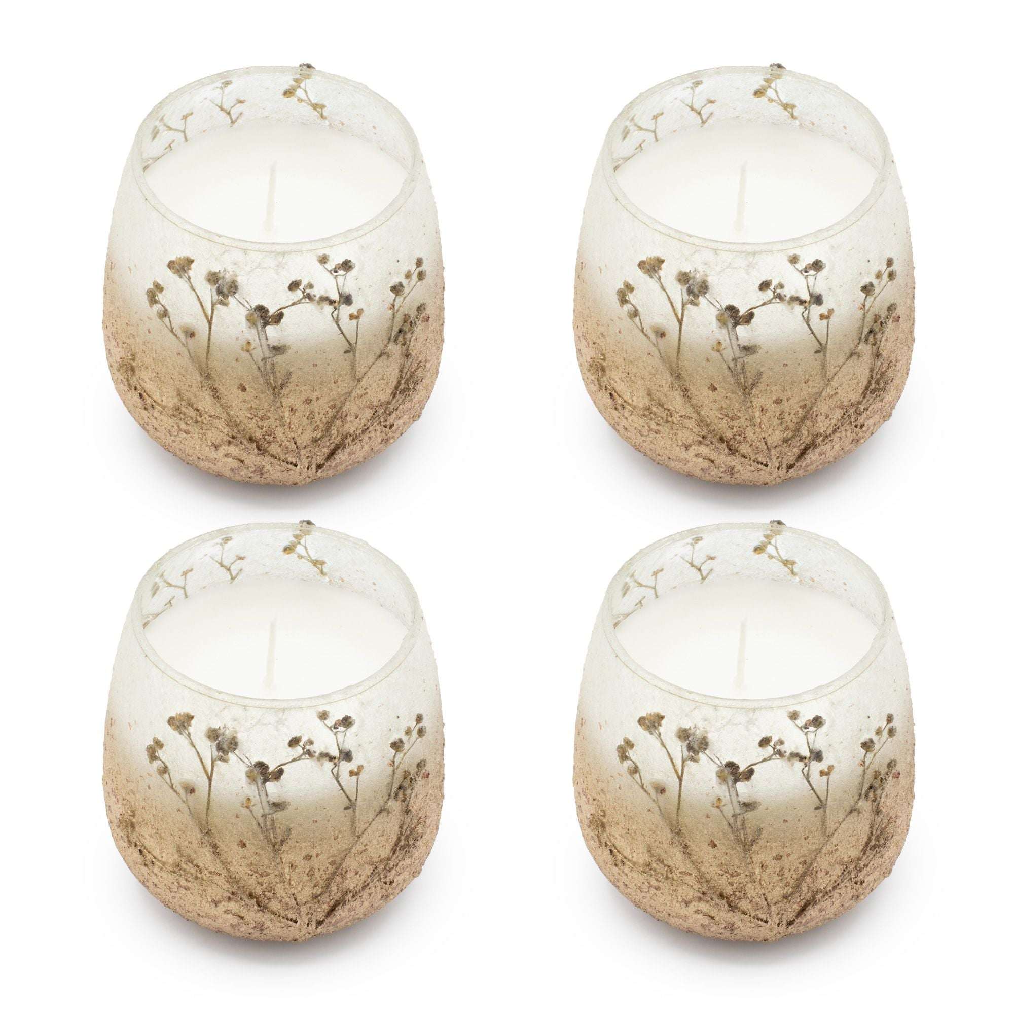 Set of four Small Glass Jar Candles - Wildlight Woods featuring delicate botanical designs in frosted glass jars with white wax inside.