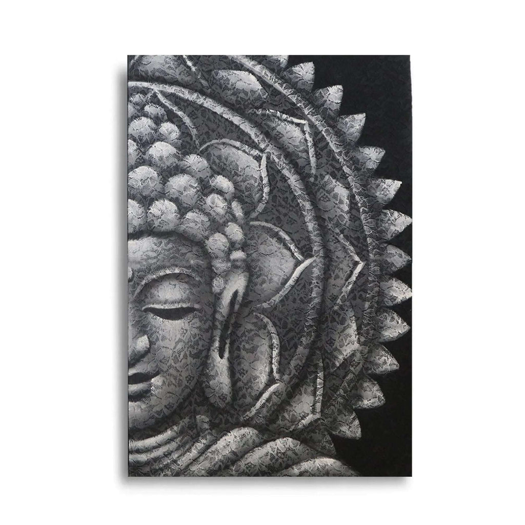 Grey Half Buddha Mandala 60x80cm featuring a serene hand-painted Buddha face with intricate mandala patterns in shades of grey, ideal for calming Buddha wall decor.