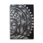 Grey Half Buddha Mandala 60x80cm featuring a serene hand-painted Buddha face with intricate mandala patterns in shades of grey, ideal for calming Buddha wall decor.