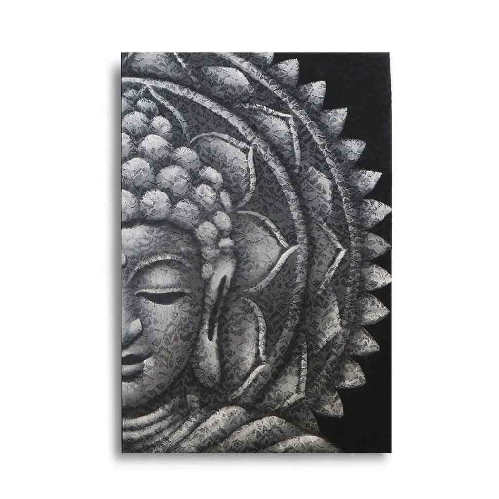 Grey Half Buddha Mandala 60x80cm features a serene Buddha face with intricate mandala patterns in varying shades of grey, creating a calming and spiritual Buddha wall hanging.