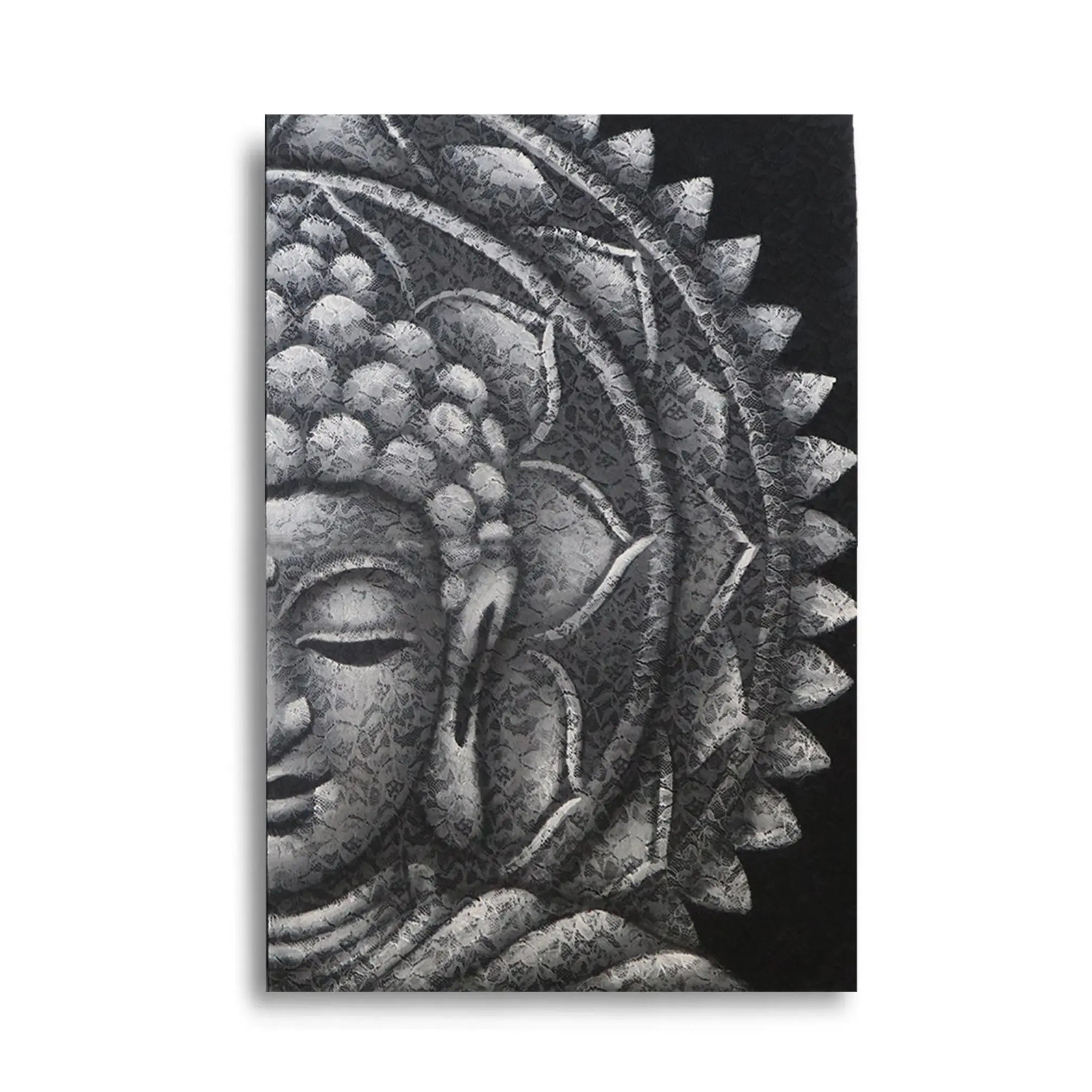 Grey Half Buddha Mandala 60x80cm features a serene Buddha face with intricate mandala patterns in varying shades of grey, creating a calming and spiritual Buddha wall hanging.