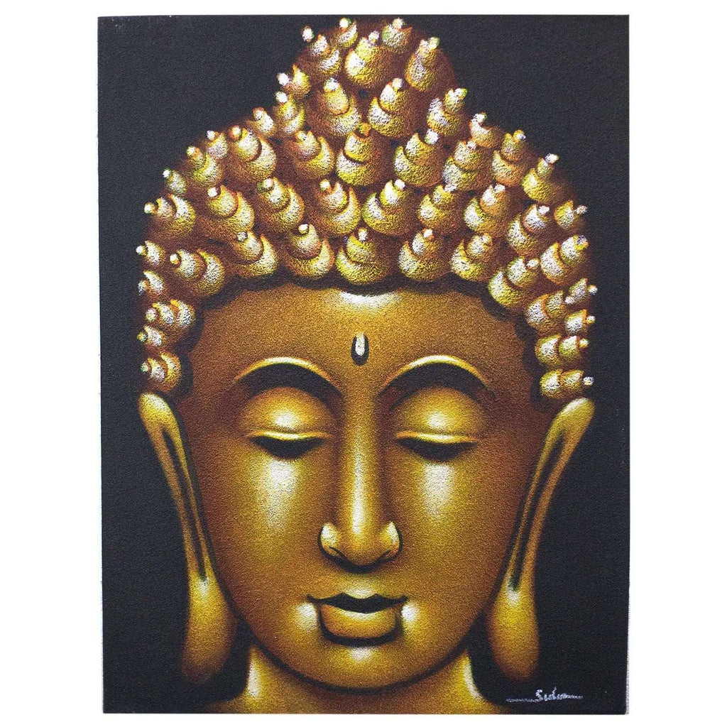 Close-up of a serene Buddha face with detailed textured hair in gold tones on a dark background, featuring the Buddha Painting - Gold Sand Finish.
