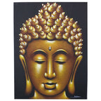 Close-up of a serene Buddha face with detailed textured hair in gold tones on a dark background, featuring the Buddha Painting - Gold Sand Finish.
