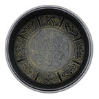 Top view of a black singing bowl with intricate gold designs featuring five Buddha figures, decorative floral and geometric patterns in the center, Extra Loud - Singing Bowl - Five Buddha.