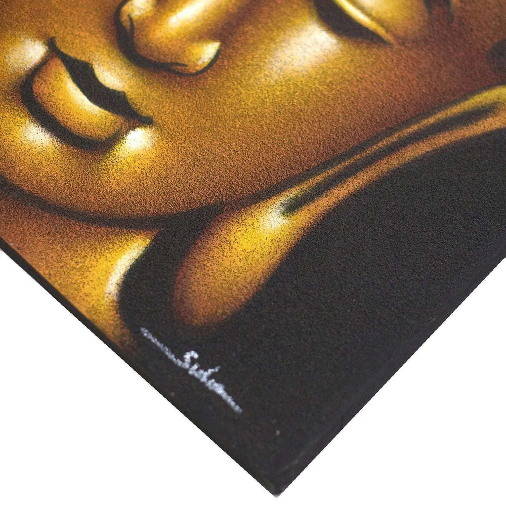Close-up of a serene Buddha face in warm gold tones with a textured gold sand finish on the Buddha Painting - Gold Sand Finish artwork.