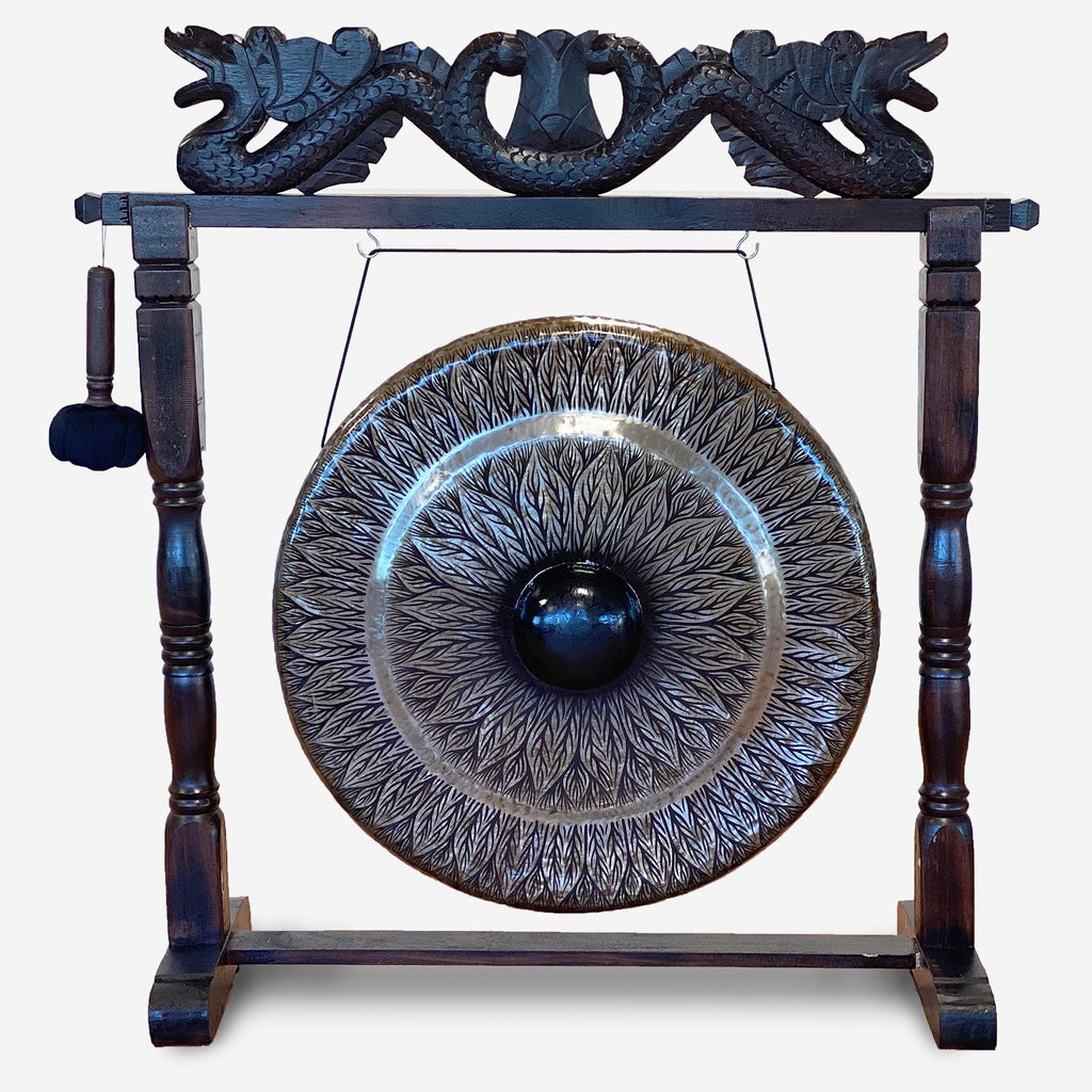 Large Healing Gong in Antique Dragon Stand - 80cm - Black Patterned