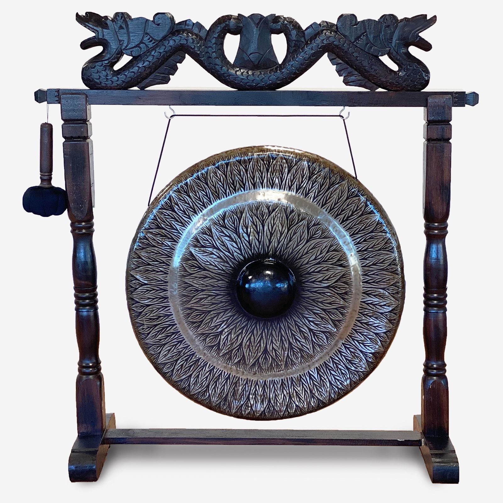 Large Healing Gong in Antique Dragon Stand - 80cm - Black Patterned