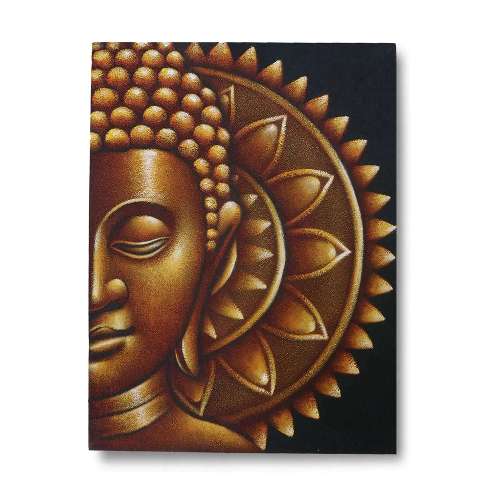 Gold Half Buddha Mandala 60x80cm features a serene Buddha face in warm gold tones with a detailed mandala halo against a black background, ideal for Buddha wall hangings and decor.
