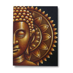 Gold Half Buddha Mandala 60x80cm features a serene Buddha face in warm gold tones with a detailed mandala halo against a black background, ideal for Buddha wall hangings and decor.
