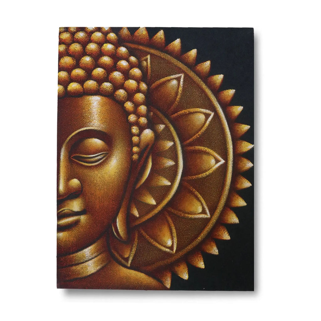 Gold Half Buddha Mandala 60x80cm artwork depicting a serene golden Buddha face with intricate mandala pattern on a dark background, ideal Buddha wall hanging decor.