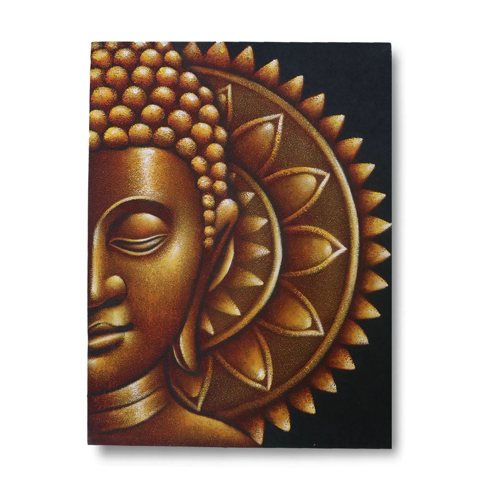 Gold Half Buddha Mandala 60x80cm artwork depicting a serene golden Buddha face with intricate mandala pattern on a dark background, ideal Buddha wall hanging decor.