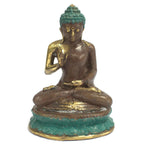 Large Sitting Solid Brass Buddha statue with a serene expression, seated on a detailed turquoise lotus base, showcasing a polished brass finish and traditional hand-carved design.
