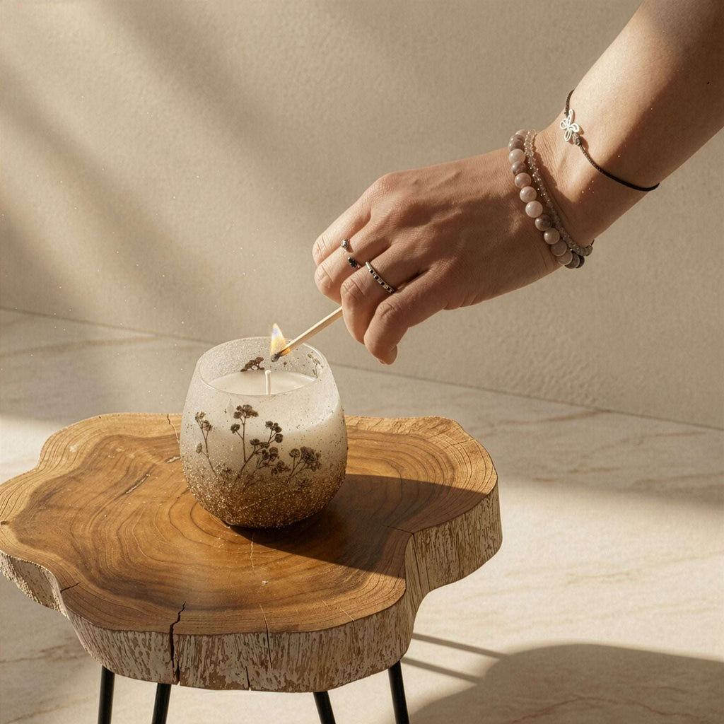 Hand lighting a Small Glass Jar Candles - Wildlight Woods on a natural wood slice table, showcasing delicate floral designs and a cozy, earthy ambiance.