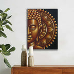 Gold Half Buddha Mandala 60x80cm wall painting featuring a serene golden Buddha face with detailed mandala patterns, displayed in a modern interior with candles and plants.