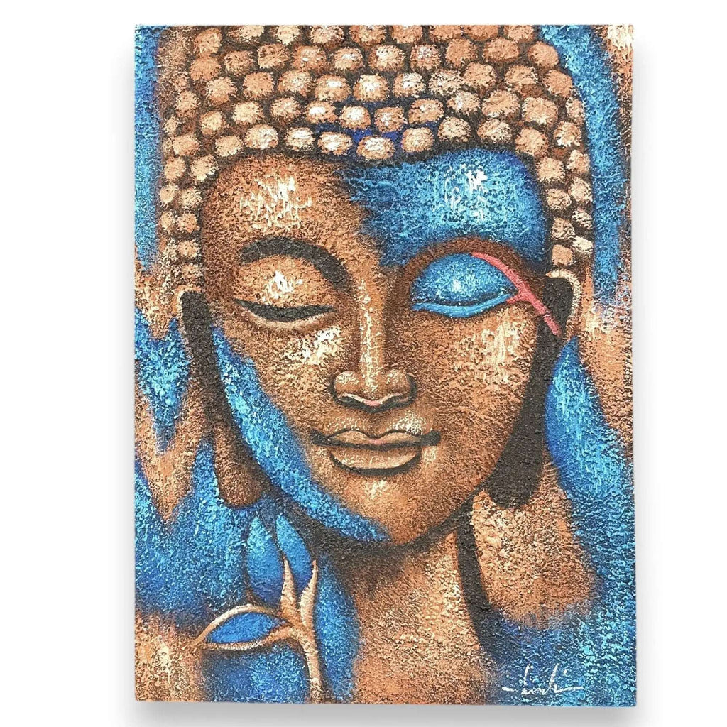 Buddha Painting - Bronze & Blue Flower 75x55cm featuring a serene Buddha face in bronze tones with vibrant blue accents and a delicate blue flower detail, promoting peaceful decor.