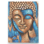 Buddha Painting - Bronze & Blue Flower 75x55cm featuring a serene Buddha face in bronze tones with vibrant blue accents and a delicate blue flower detail, promoting peaceful decor.
