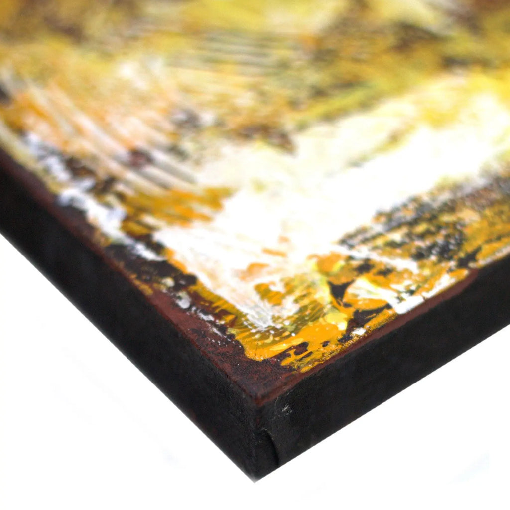 Close-up of textured corner detail on Buddha Painting - Copper Face showing layered brushstrokes in metallic copper, gold, and white tones on canvas.