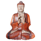 Hand Carved Buddha Statue - 60cm Two Hands depicting a serene seated Buddha with detailed flowing robes and peaceful expression in warm wooden tones.