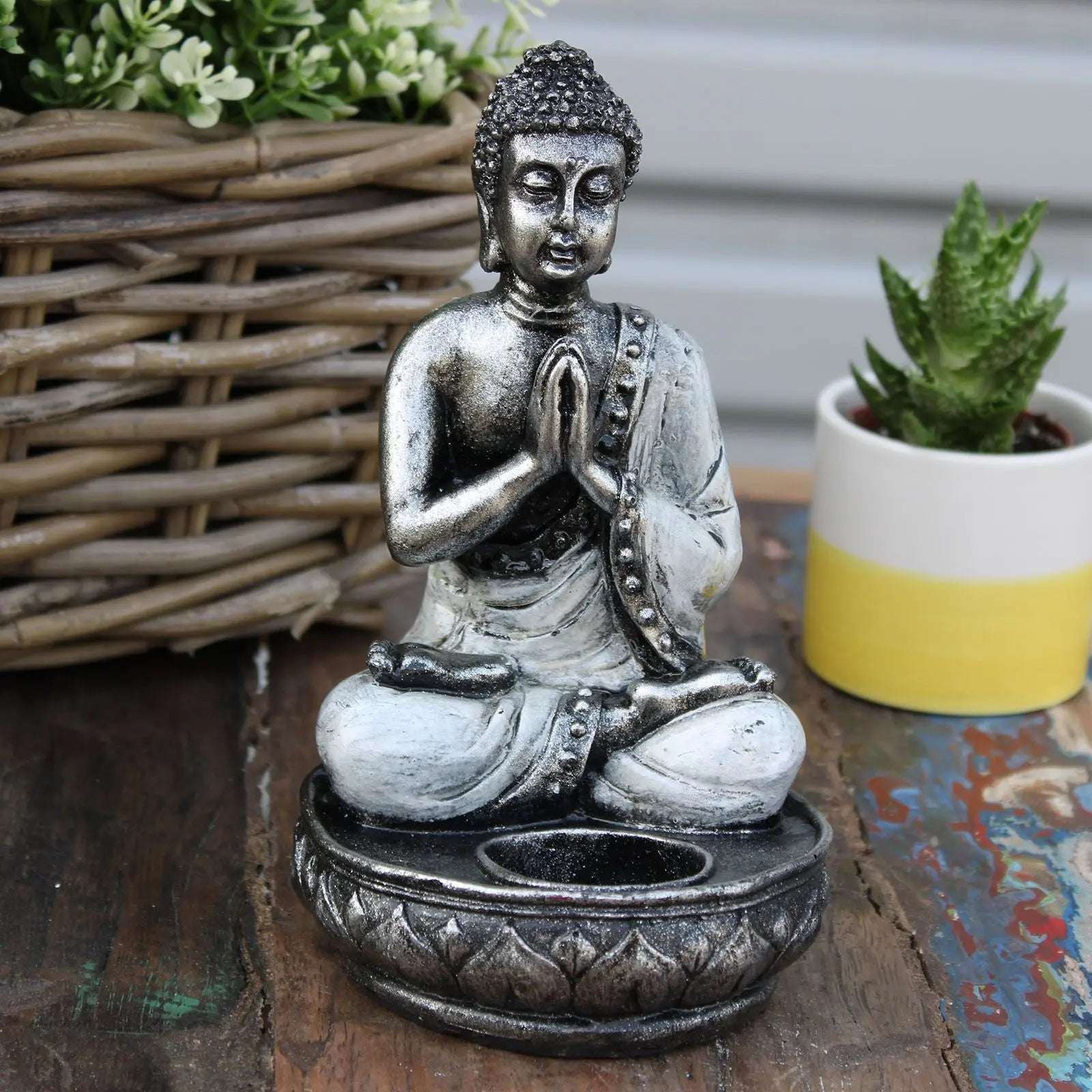 Buddha Candle Holder - White - Medium featuring a hand-carved resin Buddha statue in a seated meditation pose, designed as a serene tabletop decor piece.