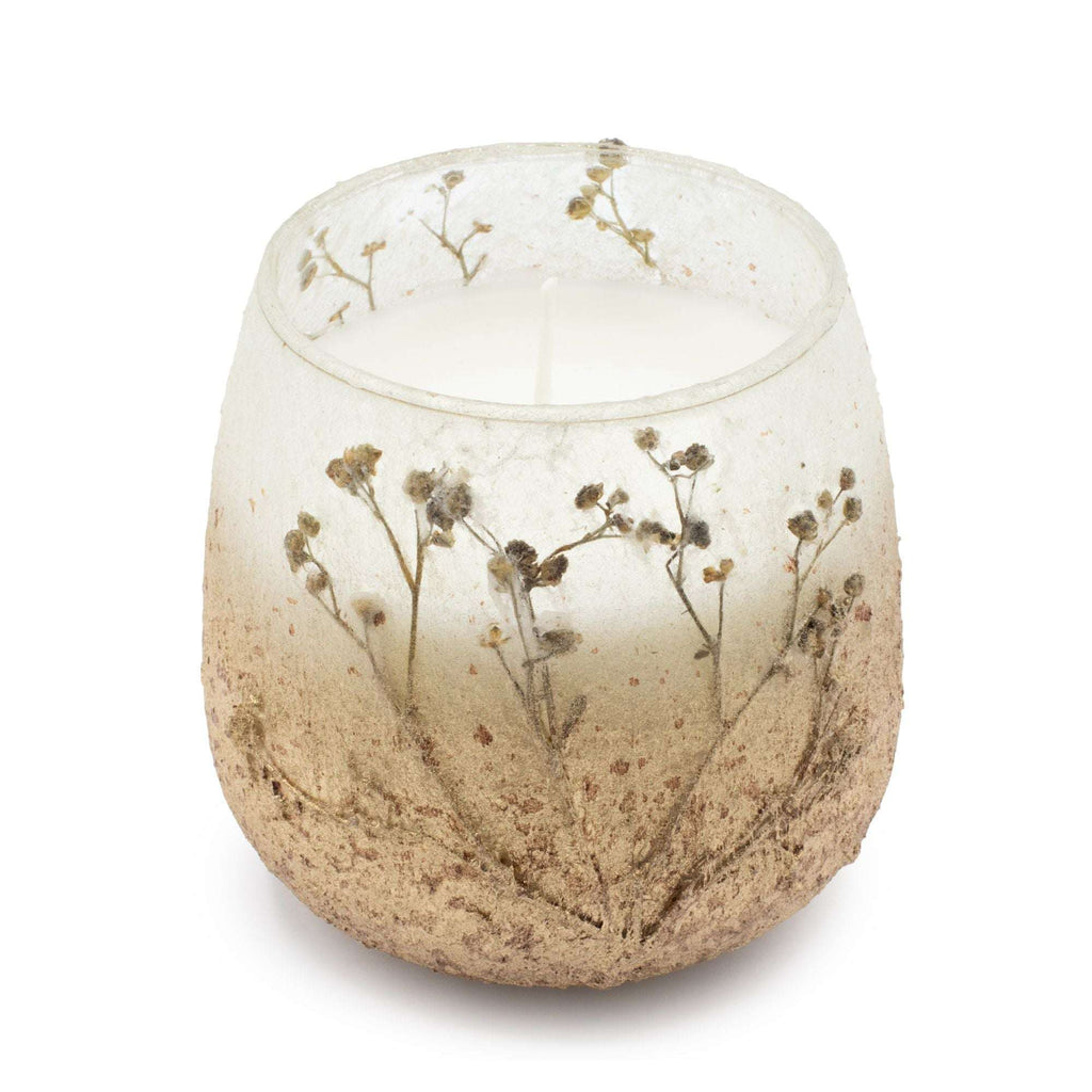 Medium Glass Jar Candles - Wildlight Woods featuring a frosted glass jar with delicate botanical designs and white wax inside, evoking a natural woodland ambiance.