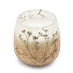 Medium Glass Jar Candles - Wildlight Woods featuring a frosted glass jar with delicate botanical designs and white wax inside, evoking a natural woodland ambiance.