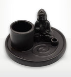 Elegant Multi Purpose Buddha Incense Plate - Ceramic Matt Black featuring a seated Buddha figure, designed to hold incense sticks and cones for a serene atmosphere.
