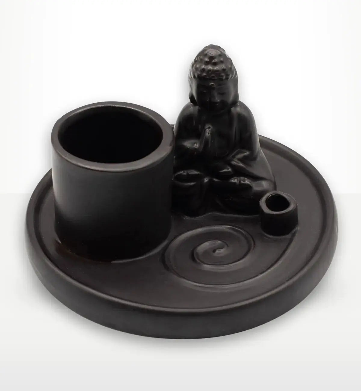 Multi Purpose Buddha Incense Plate - Ceramic Matt Black featuring a seated Buddha figure with a round base, designed for holding incense and small candles.