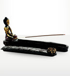 Antique Buddha - Incense Burner & Box featuring a detailed gold and black Buddha figure seated on a hand-carved incense holder with a matching lid, ideal for Buddha decor.