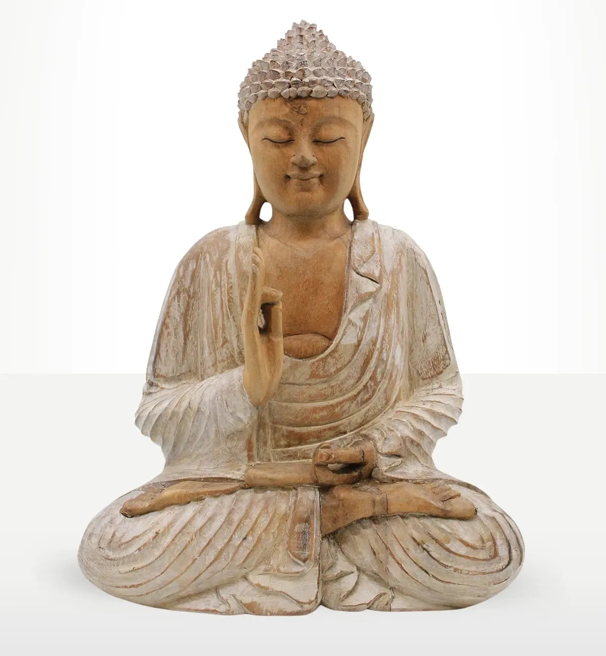 Buddha Statue Whitewash - 40cm Teaching Transmission depicts a serene hand-carved Buddha seated in meditation with detailed whitewashed finish, perfect for peaceful decor.