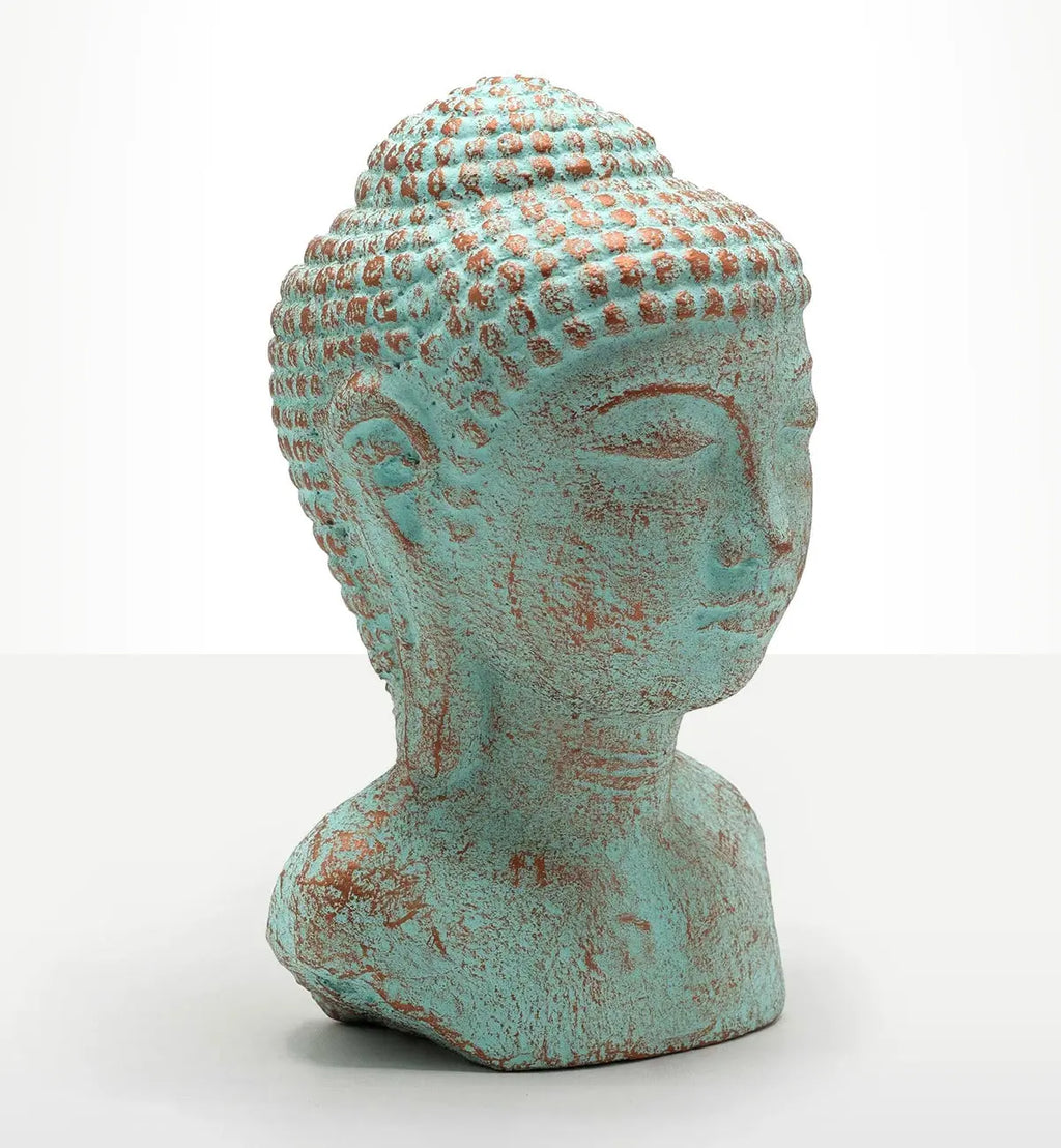 Tranquility Buddha Head - Green Copper, a serene Buddha head sculpture with an aged green copper finish, perfect as Buddha decor or a hand carved Buddha statue accent.