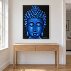 Buddha Wall Art Painting - Blue Brocade Detail displayed at home above an oak console