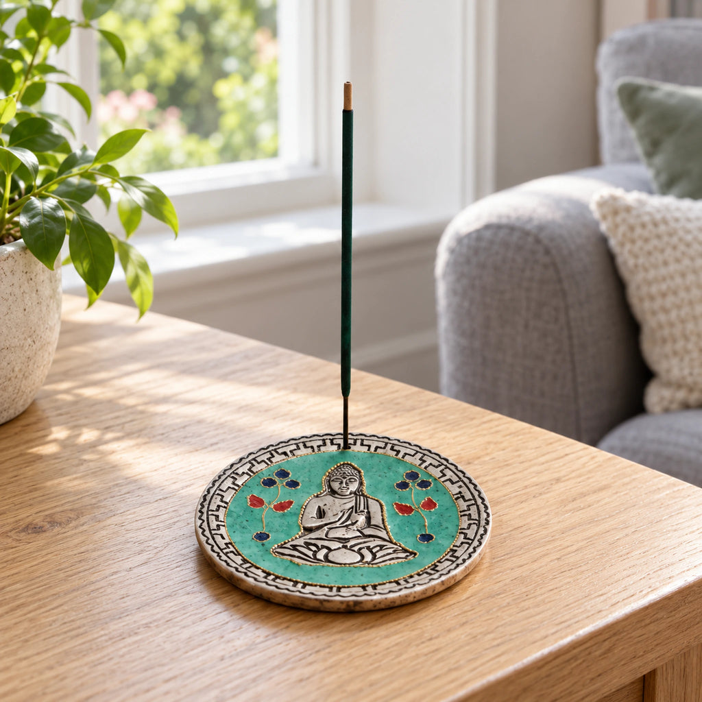 Buddha Green Decor Incense Holder in a bright British sitting room