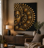 Gold Half Buddha Mandala 60x80cm wall hanging featuring a serene Buddha face with intricate mandala design in warm gold tones, enhancing calming and spiritual decor.