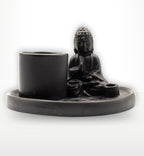 Multi Purpose Buddha Incense Plate - Ceramic Matt Black showing a serene Buddha figure seated on a round incense holder with compartments for incense sticks and cones.
