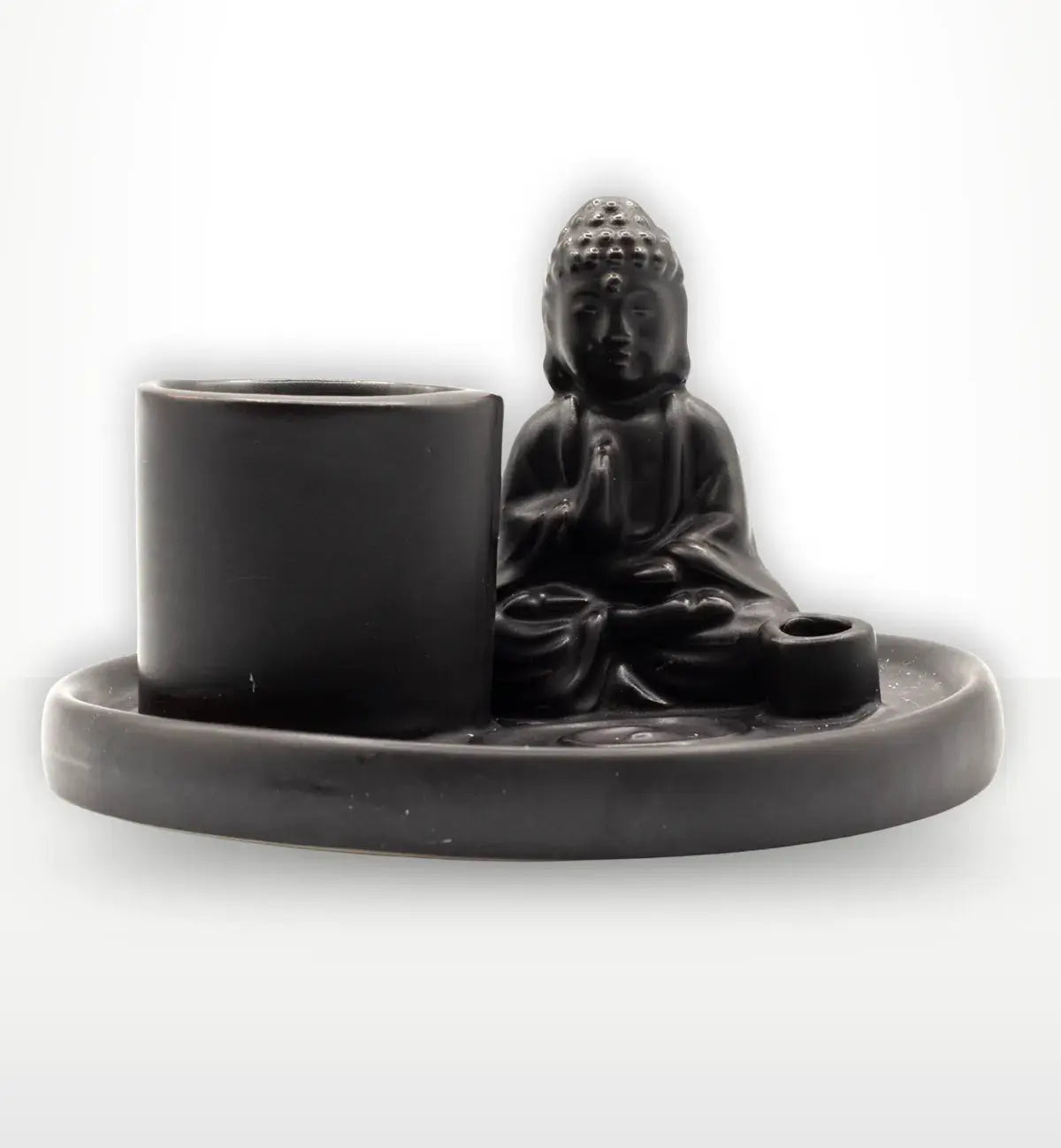 Multi Purpose Buddha Incense Plate - Ceramic Matt Black featuring a serene Buddha statue seated in meditation on a smooth round tray designed for incense and small items.