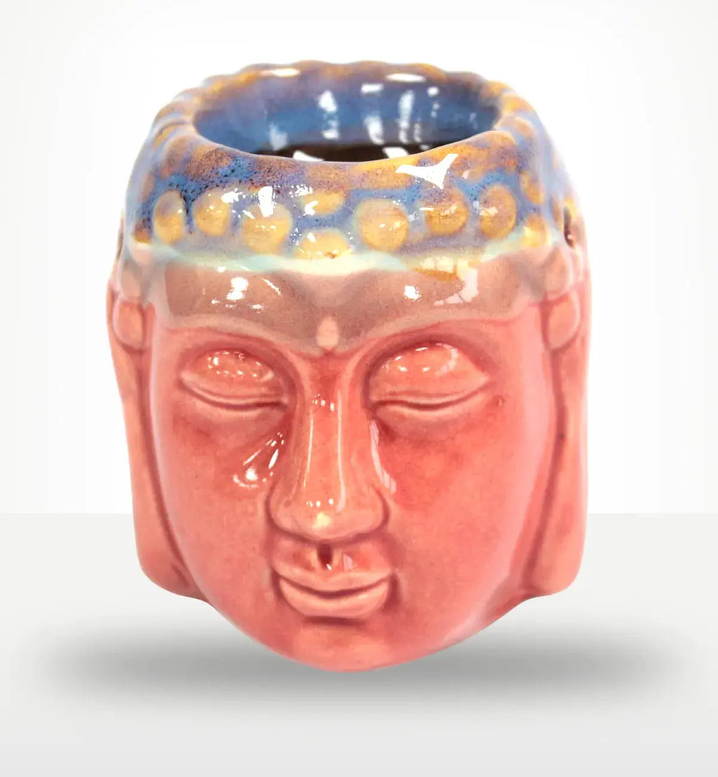 Glossy ceramic Buddha Oil Burner - Rose & Teal featuring a serene Buddha face with rose-pink and teal glaze, perfect for calming home decor and meditation spaces.