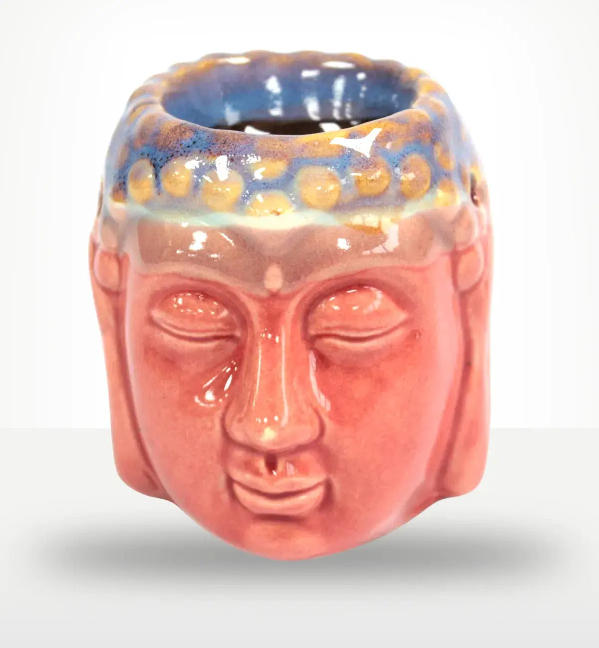 Glossy ceramic Buddha Oil Burner - Rose & Teal featuring a serene Buddha face with rose-pink and teal glaze, perfect for calming home decor and meditation spaces.