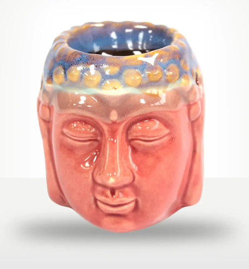 Glossy ceramic Buddha Oil Burner - Rose & Teal featuring a serene Buddha face design with soft rose pink base and teal blue accents, ideal for Buddha decor and oil diffusion.