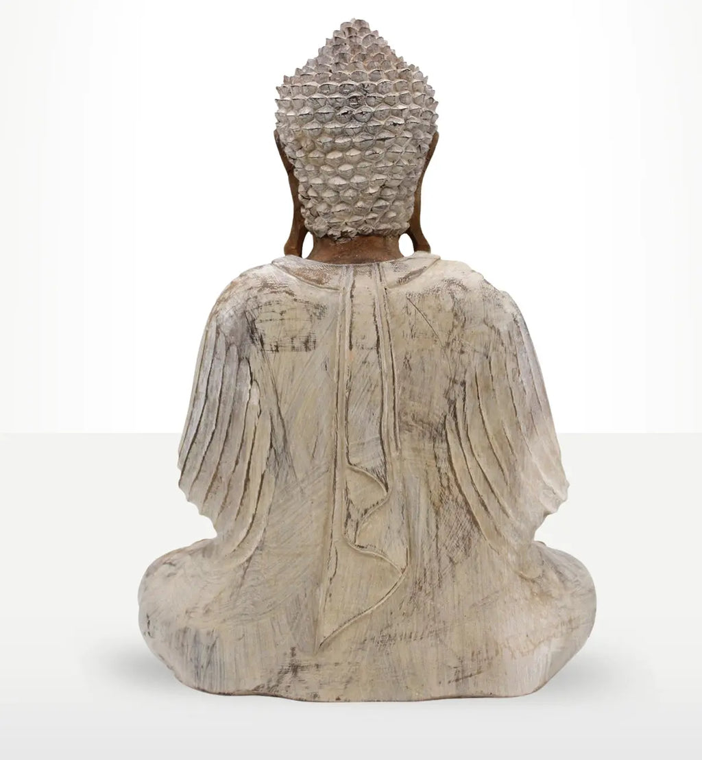 Back view of a Buddha Statue Whitewash - 40cm Teaching Transmission with detailed textured hair and carved robe folds, showcasing a serene and rustic resin Buddha decor piece.