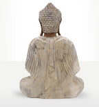 Back view of Buddha Statue Whitewash - 40cm Teaching Transmission, featuring a textured head and flowing robes in a whitewashed finish for tranquil Buddha decor.